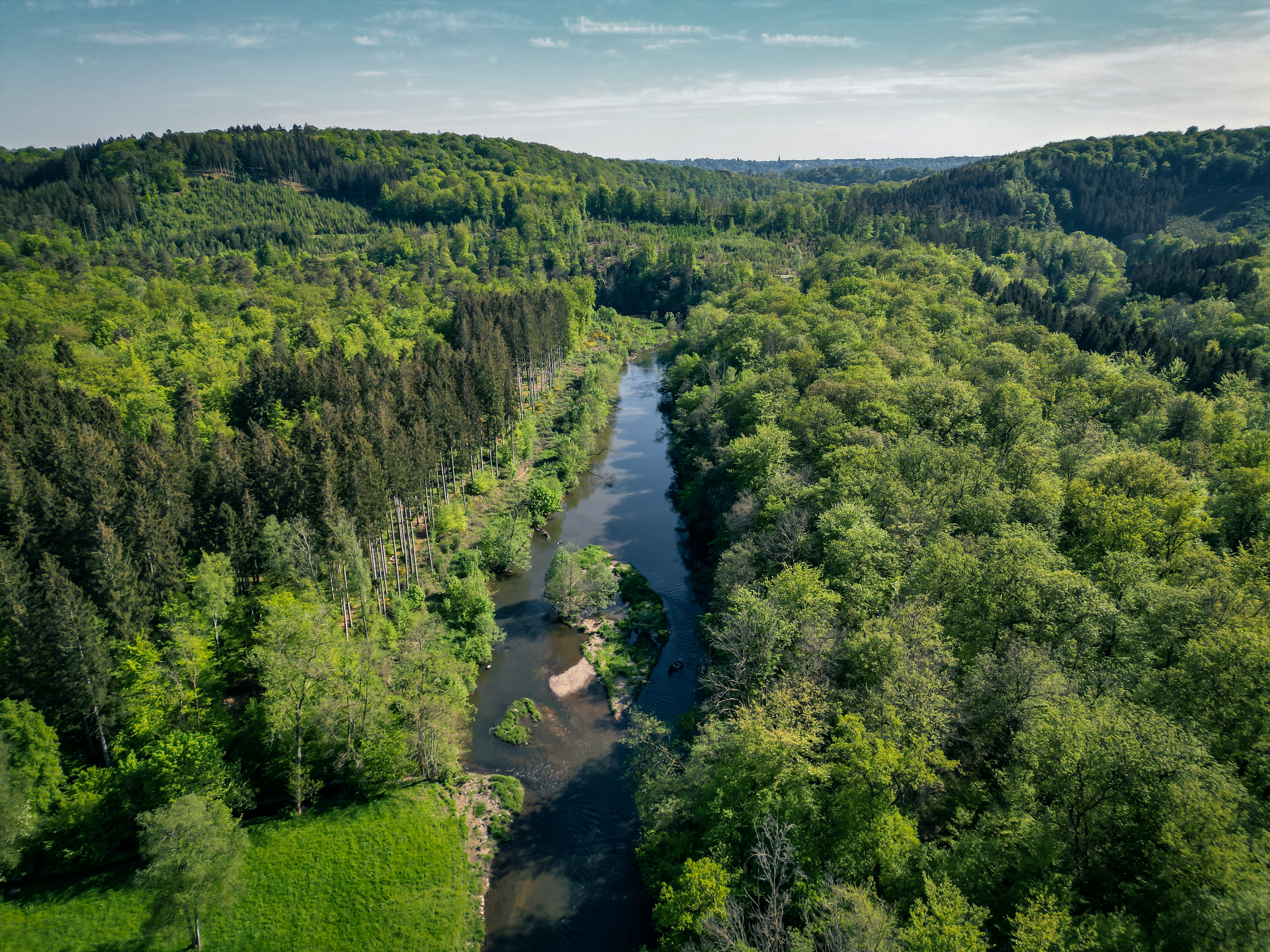 Vue aérienne sur la Semois entre les arbres